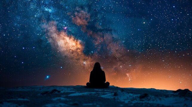 A lone individual engaged in the Isha prayer under a canopy of stars, emphasizing personal devotion and the peaceful end to a day.
