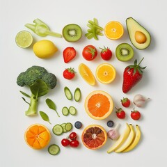 AI generated illustration of assorted fruits and vegetables on a white background