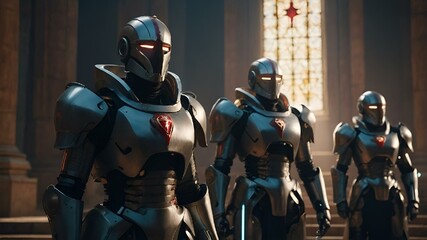 AI generated illustration of armored characters on steps in front of iron man statue - obrazy, fototapety, plakaty