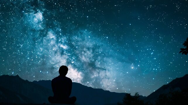 A lone individual engaged in the Isha prayer under a canopy of stars, emphasizing personal devotion and the peaceful end to a day.