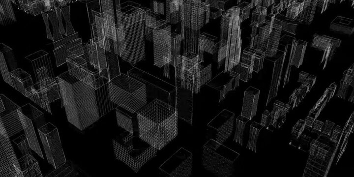 Wireframe model of a cityscape, depicting various buildings and structures
