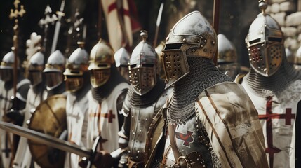 AI generated illustration of knights in armor standing together - obrazy, fototapety, plakaty