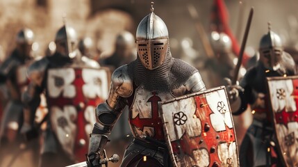 AI generated illustration of medieval knights in red cross armor with swords and shields - obrazy, fototapety, plakaty