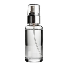 Naklejka premium Transparent Glass Spray Bottle with Silver Dispenser, Representing the Concept of Personal Care Products.