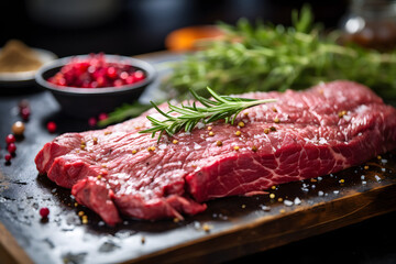 Flat iron steak on a farmers market stand