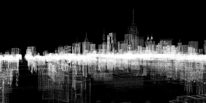 Wireframe model of a city skyline, with buildings and structures outlined against a dark background.