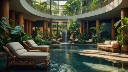 Tropical oasis hotel lobby with lush greenery, cascading water features, and rattan furniture creating a serene atmosphere for guests to unwind.