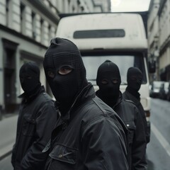 AI generated illustration of a group of masked robbers standing on the street, against a van