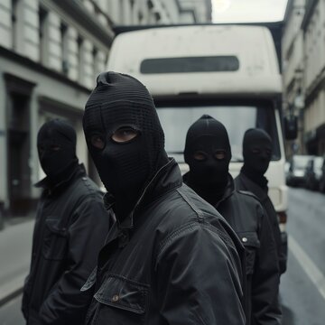 AI generated illustration of a group of masked robbers standing on the street, against a van