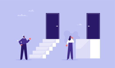 Gender discrimination or workplace sexism and unfair competition, businessman and businesswoman standing in front of different size staircases to door