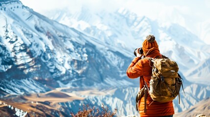 A lone traveler with a camera capturing the rugged beauty of a mountain pass, each photo a testament to the journey's allure