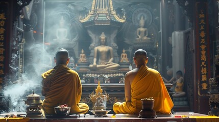 AI generated illustration of monks seated in a temple with candles - obrazy, fototapety, plakaty
