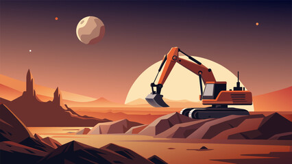 As the sun sets over the lunar horizon a robotic excavator silently scoops up chunks of regolith the moons dusty soil sifting through it for - obrazy, fototapety, plakaty