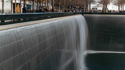 Closeup shot of the waterfall outside of the National September 11 Memorial and Museum