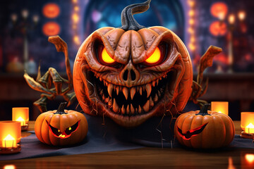 Banner consisting from big scary pumpkin for celebration holiday Halloween, Ai generated - obrazy, fototapety, plakaty