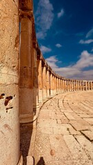 Vertical shot of the pillars of the archaeological site of Gerasa in Jerash, Jordan