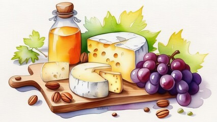 Serving board with cheese, grapes, nuts and honey in watercolor style - 783633703