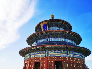 Scenic view of the colorful Temple of Heaven in Beijing on a blue sky background