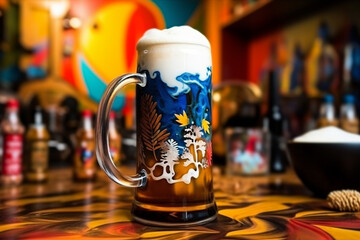 Banner consisting from foamy German beer in large glass mug for celebration holiday Oktoberfest, Ai generated - obrazy, fototapety, plakaty