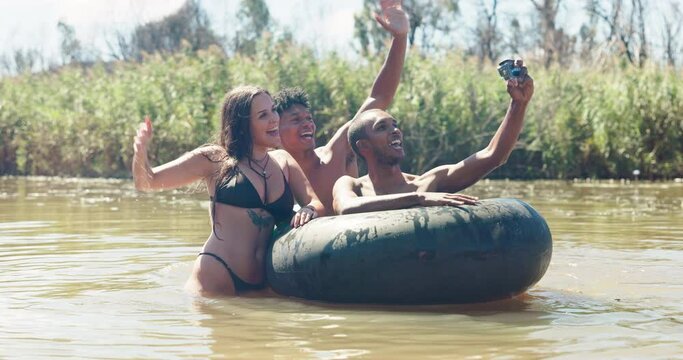Video, river and friends with live streaming, excited and online content creation in lake water. Fun, happy and young people with swimming in Mexico with phone and spring break of students with smile