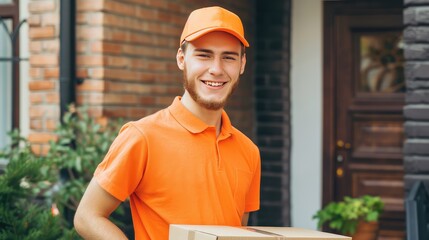 Delivery service. Young Caucasian man with a parcel next your door. The face of convenience, bringing packages to you.