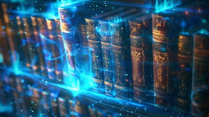 Fantasy library books with cyber encryption runes, safeguarding knowledge from digital thieves