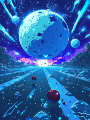 Futuristic anime bowling, balls hurling through space, knocking over pins on a distant, glowing moon