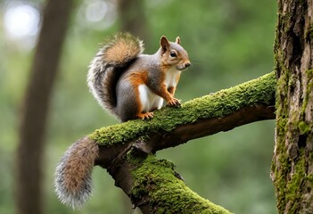 Naklejka na ściany i meble AI generated illustration of a squirrel perched on a moss-covered tree branch