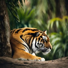 AI generated illustration of a tiger rests by a tree branch with closed eyes