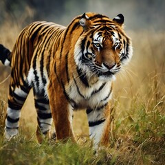 AI generated illustration of a tiger strolling through grass with a blurred background