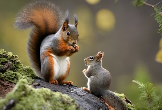 AI generated illustration of two squirrels on a tree branch eating food from the trunk