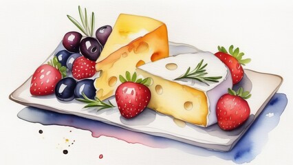 Pieces of cheese with strawberries and olives on white board - 783634120