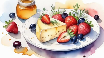 Plate with cheese, strawberries and olives on white background - 783634308