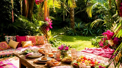 A luxurious summer picnic setup in a lush garden, with attendees in eye-catching fuchsia attire, celebrating the joy of dining al fresco.