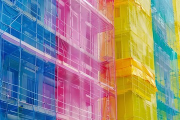 Construction site. Construction, renovation of high-rise residential building, office. Colorful hoarding on construction site, with building outline emerging behind it. Safety net covering building.
