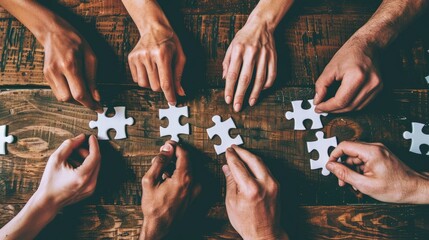 AI generated illustration of teamwork and collaboration concept with hands assembling jigsaw puzzle - obrazy, fototapety, plakaty