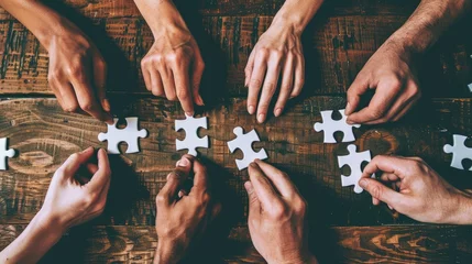 Foto op Canvas AI generated illustration of teamwork and collaboration concept with hands assembling jigsaw puzzle © Wirestock
