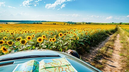 A map spread out on the hood of a car parked beside a sunflower field, planning the day's route under the clear blue sky. - Powered by Adobe