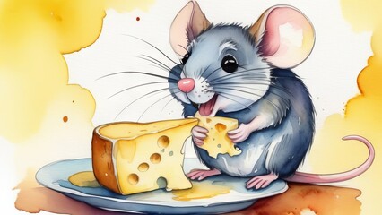 Funny mouse sits and eats cheese on yellow background - 783634507