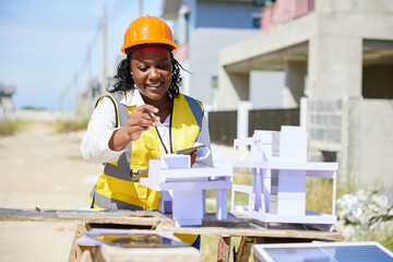 worker or architect working and checking house model at construction site