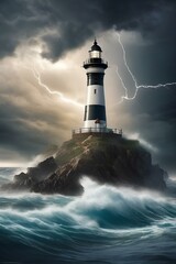 AI generated illustration of a classic lighthouse by the shore near stormy waves