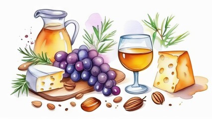 Cheese, grapes and white wine on light background in watercolor style - 783634589