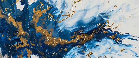 Golden waves intermingle with cobalt blue, forming a dynamic dance of colors on a liquid canvas.