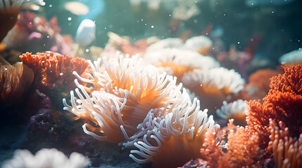 oral polyps blooming sea animal, A detailed shot of a sea slugs vibrant  - obrazy, fototapety, plakaty