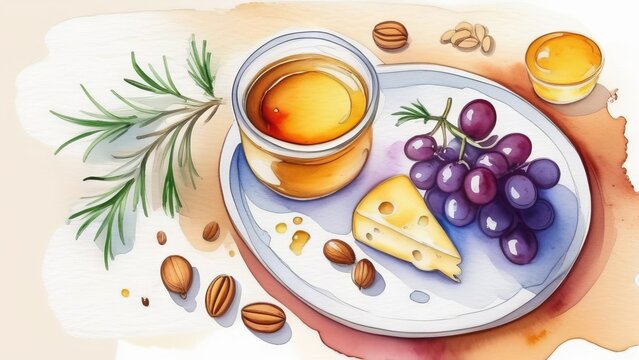Plate with cheese, grapes and honey on white background in watercolor style