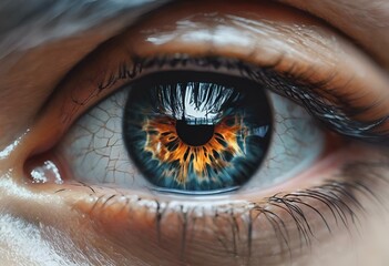 AI generated illustration of a close-up of a human eye with a fiery iris - obrazy, fototapety, plakaty