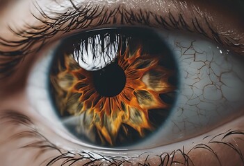 AI generated illustration of a close-up of a human eye with a fiery iris