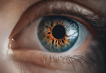 AI generated illustration of a close-up of a human eye with a fiery iris - obrazy, fototapety, plakaty