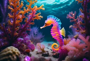 Fototapeta na wymiar AI-generated illustration of a vibrant yellow and purple seahorse in a deep blue sea