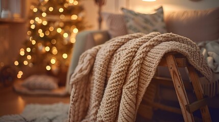 a cozy blanket draped over an easer in front of a christmas tree - obrazy, fototapety, plakaty